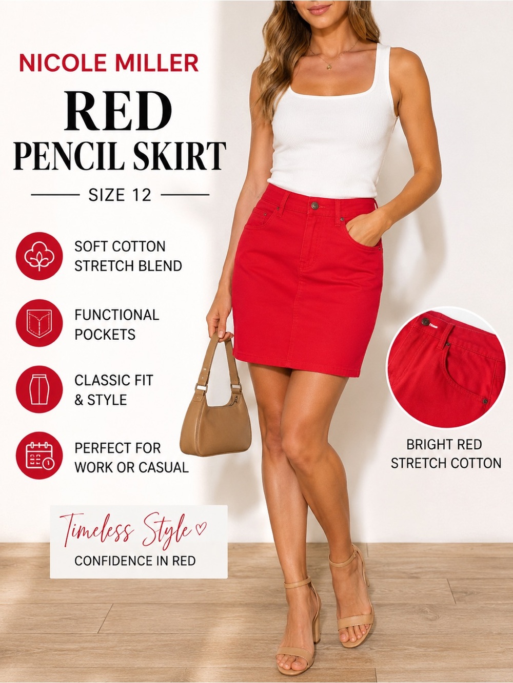 Nicole Miller Original Red Cotton Stretch Pencil Skirt Size 12 Pockets Casual